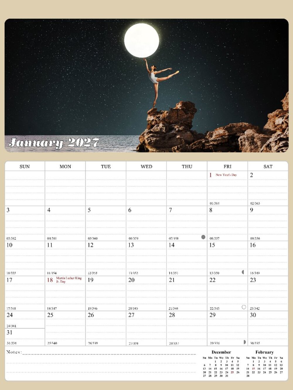 2027 Calendar Magnetic Peel & Stick 12 Months 8.5" x 11" Lunar